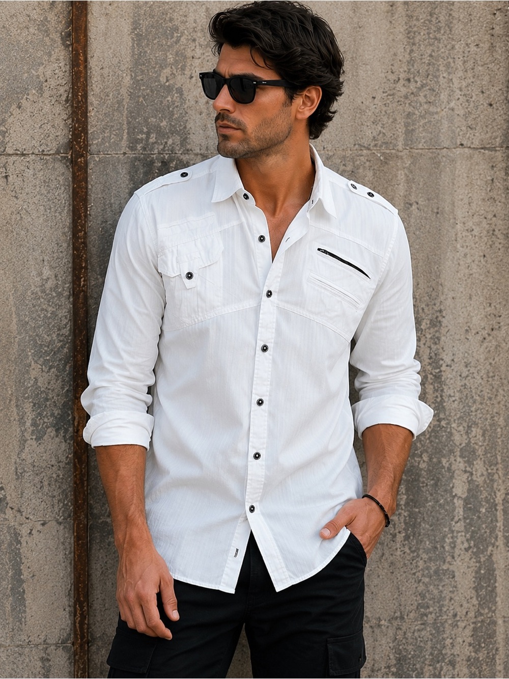 Marc Ecko Cut & Sew White Button Down Shirt XL Military Style Mens